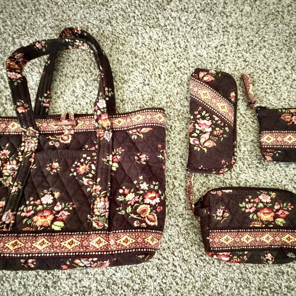 Vera Bradley Quilted Tote Bag Set - Brown, yellow and coral
